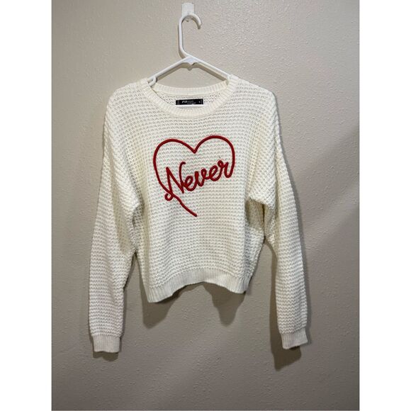 Off White Waffle Knit Sweater with Red Embroidered Heart with “Never” Women’s Si - Picture 1 of 6